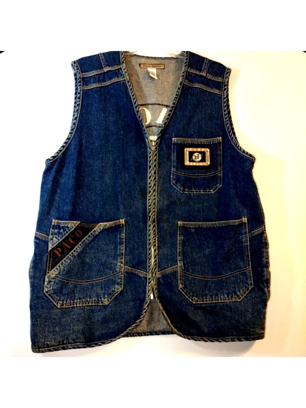 Paco Sports Mens Denim Vest-Blue Cotton Retro Logo Patch Pockets-SIZE: LARGE